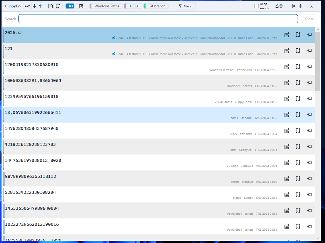 Clipboard item view with metadata and actions